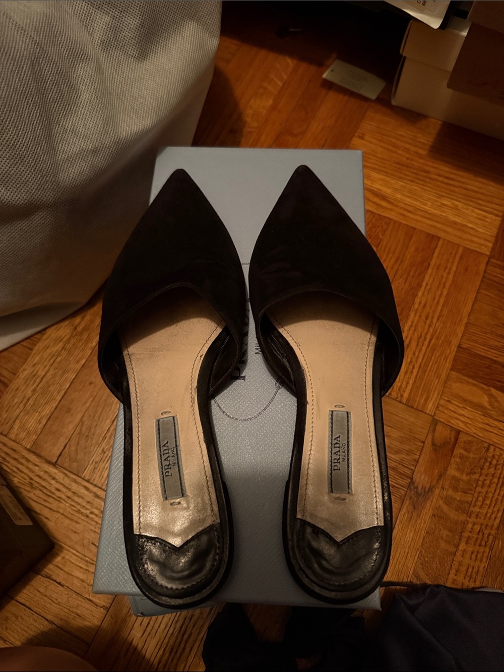 Prada Black Suede Pointed Mule Flats